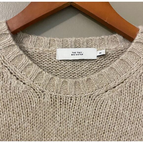 The Tiny Big Sister Crewneck Sweater S/M Cream Beige Glitter Fisherman Cottage - Picture 6 of 10